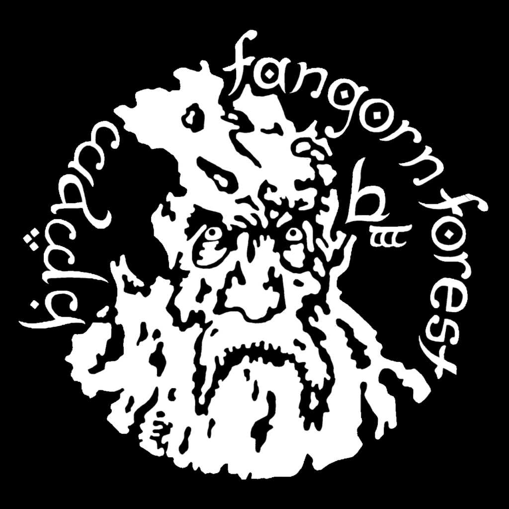 Image of the head of a figure similar to an Ent from Tolien. Around the head in a circle is text that reads Fangorn Forest.