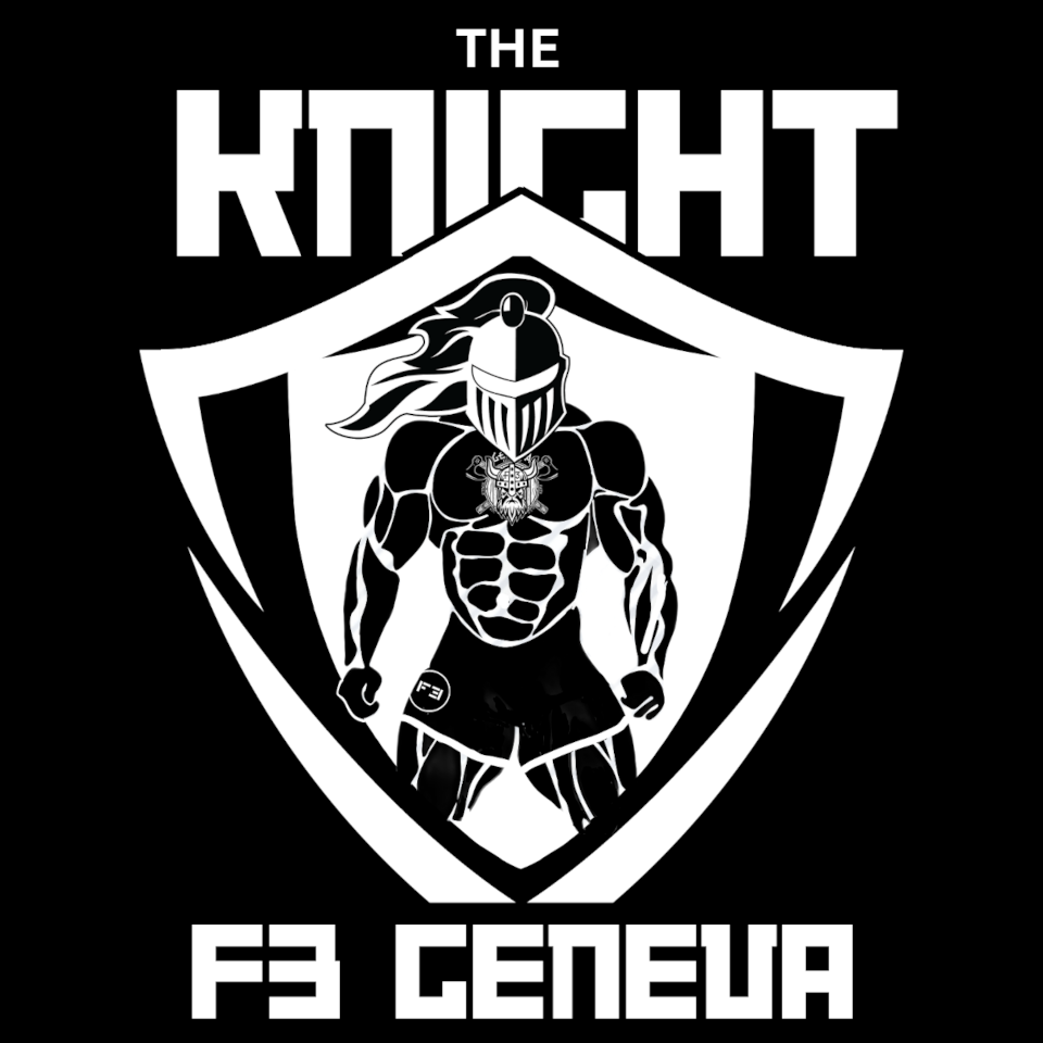 Black and White image with a musculed medieval knight inside a shield. Above the shield are the words "The Knight" and below the shield are the words "F3 Geneva"